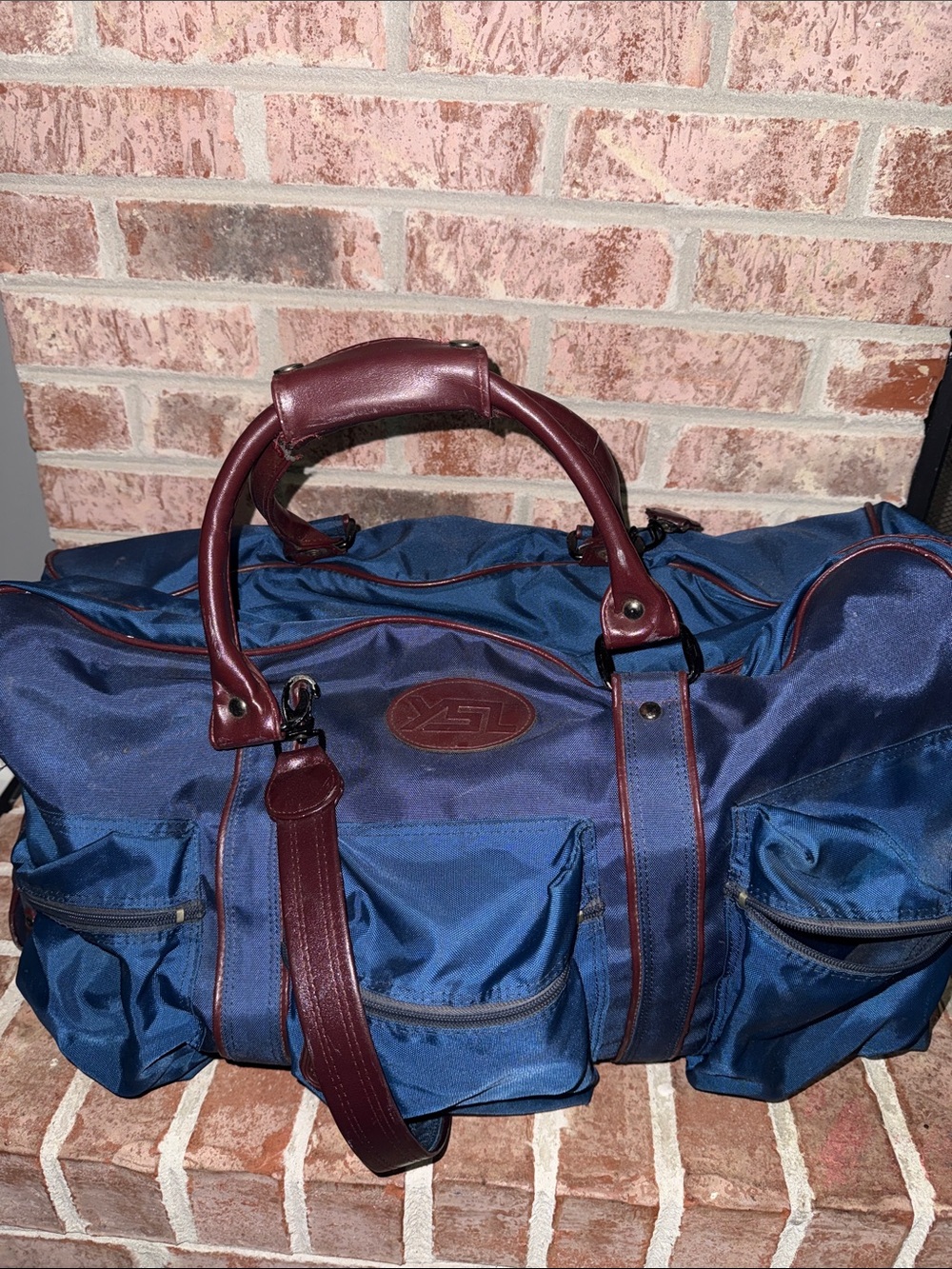 YSL Leather-Trim Navy Duffel Bag with Burgundy Accents